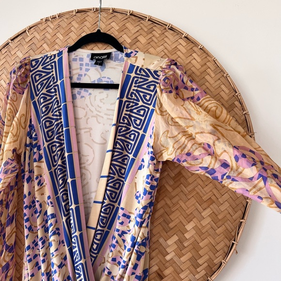 ANALILI 100% SILK  FAUX WRAP DRESS SHEER CUFF SLEEVES BOHO LAGEN-LOOK RESORTWEAR - Picture 6 of 12